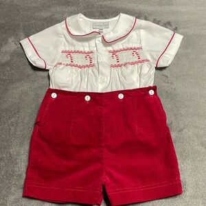 SMOCKED Christmas candy cane button on short set.  Super cute. 12M